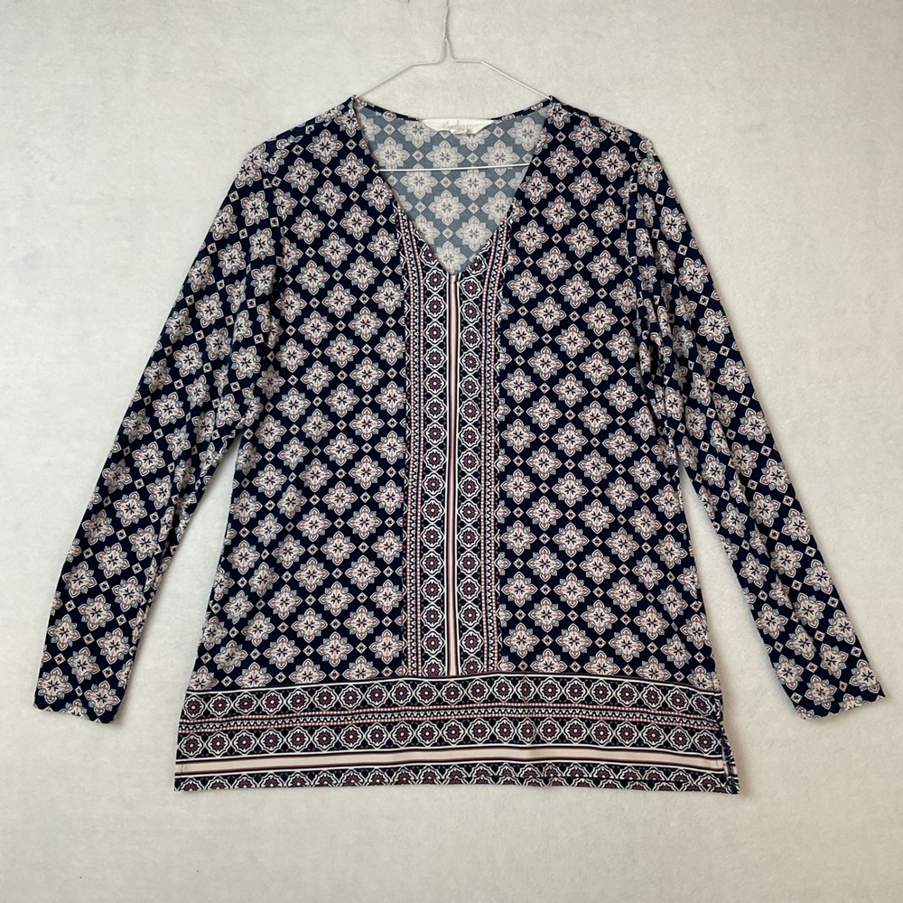 Magnolia Grace Womens Navy Pink Medallion V-Neck Long Sleeve Tunic Top Large